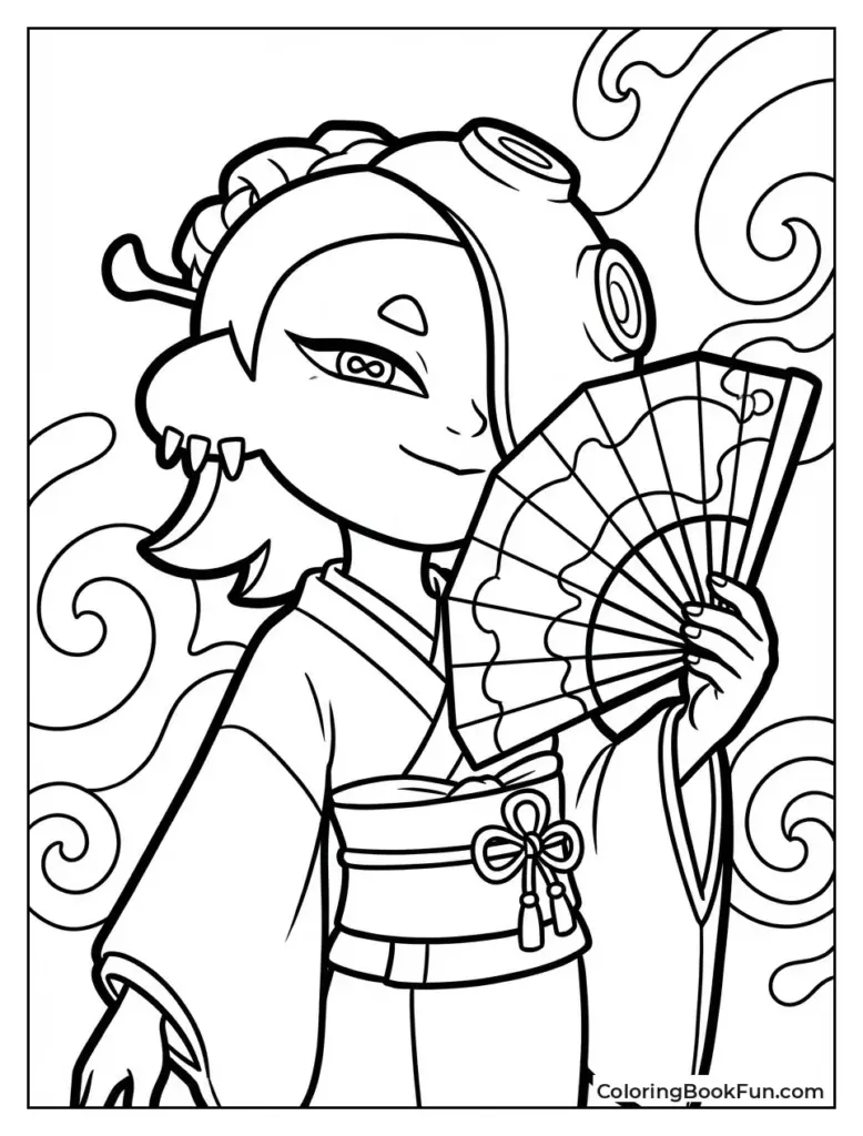 Black-and-white drawing of a kimono-clad character with fan