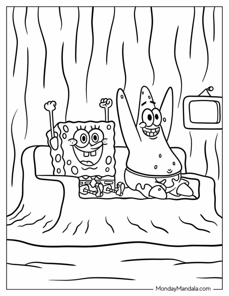 SpongeBob and Patrick sitting on a couch, arms raised