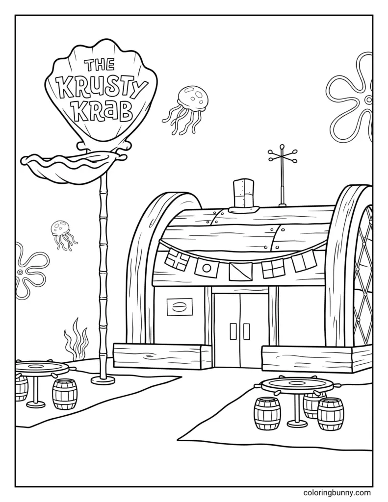 Black-and-white coloring page of The Krusty Krab restaurant exterior