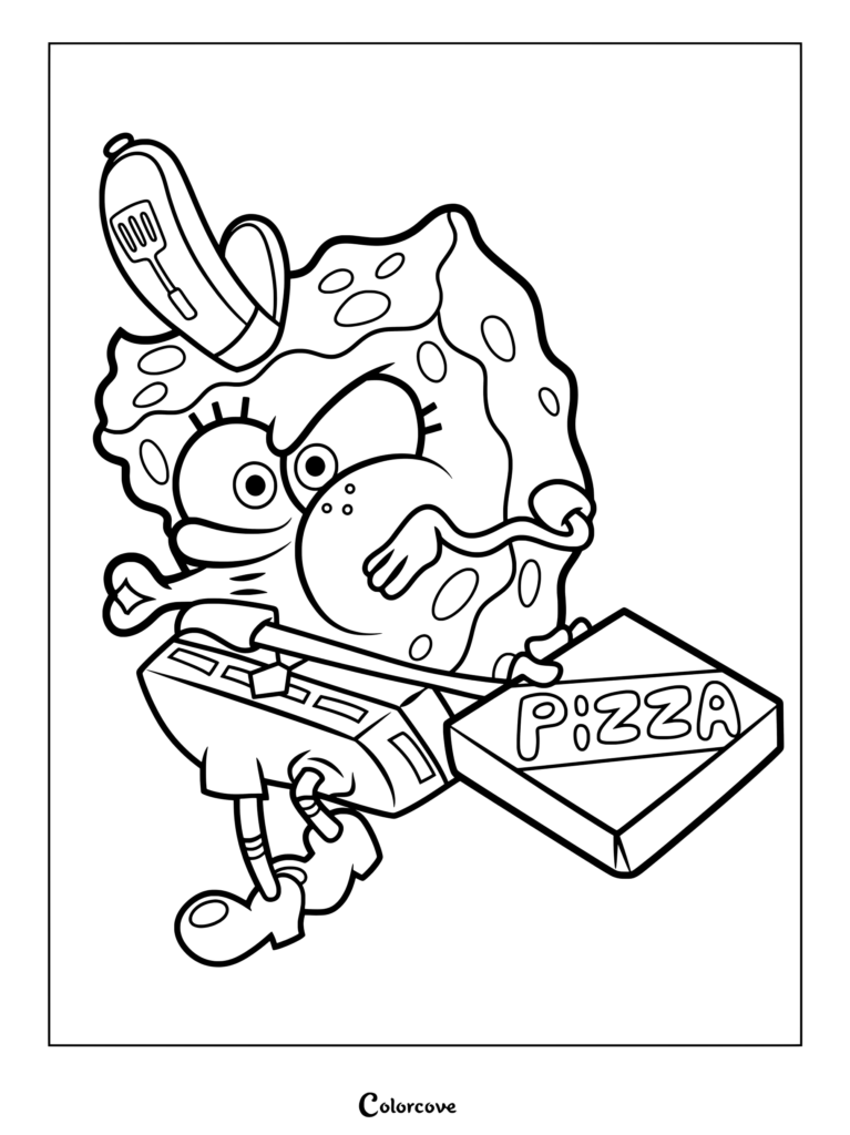 Cartoon pizza character holding a box and spatula