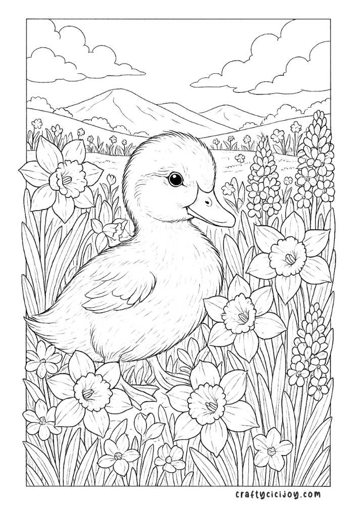 Duckling among flowers in mountain meadow coloring page