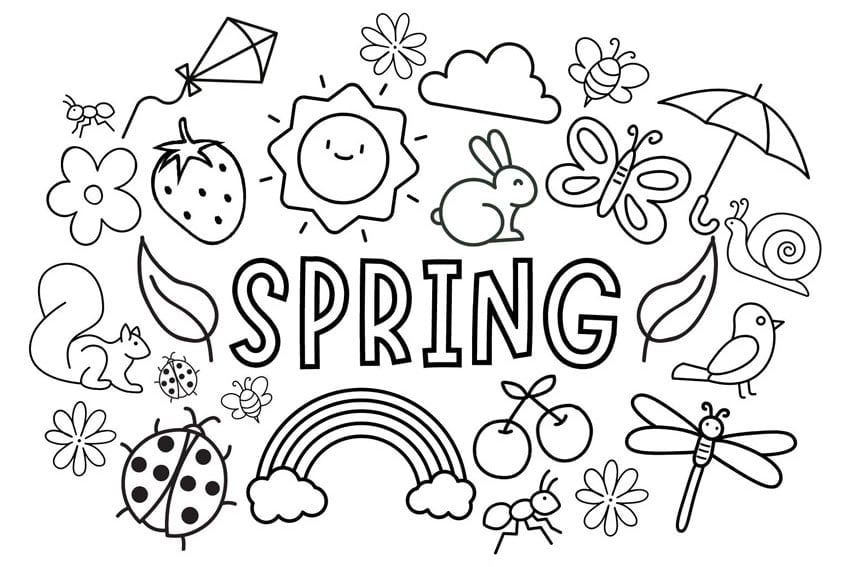 Spring word surrounded by flowers, animals, and insects