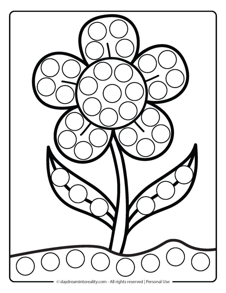 Black-and-white flower dot worksheet with leaves and stem