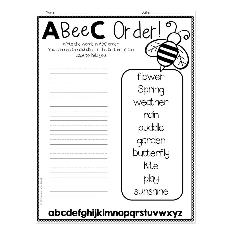 Alphabet order worksheet with bee and word list