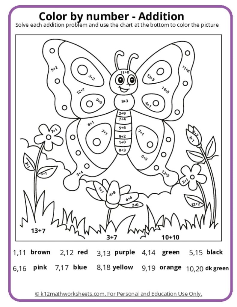 Butterfly color-by-number addition worksheet with flowers
