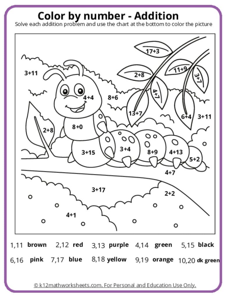 Color-by-number addition worksheet with caterpillar and leaves