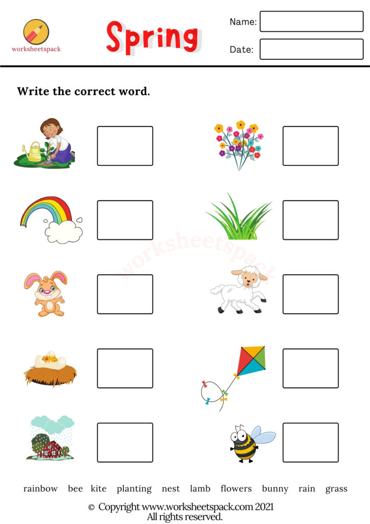 Spring worksheet with spring images and blank boxes