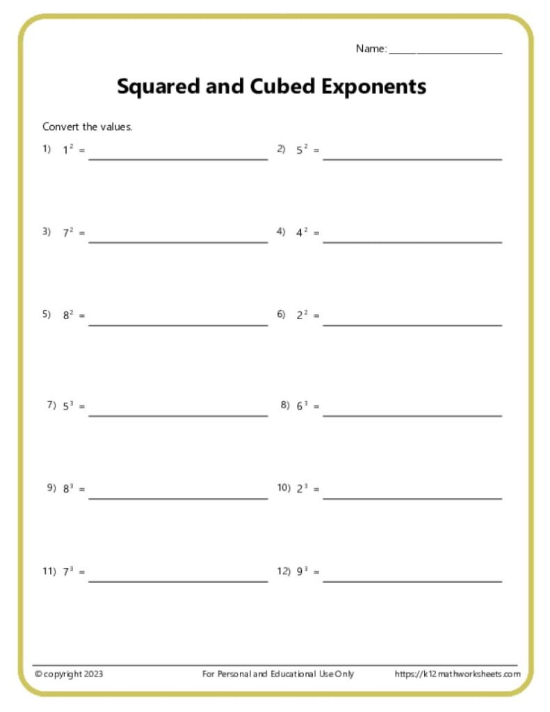 Math worksheet titled Squared and Cubed Exponents with blanks