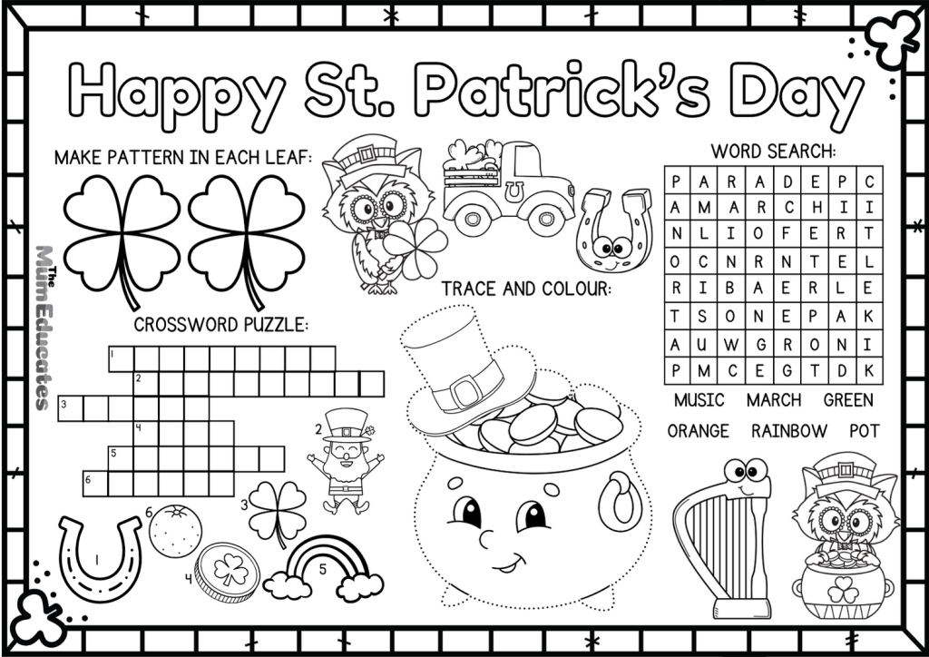 St. Patrick’s Day worksheet with puzzles and cartoons