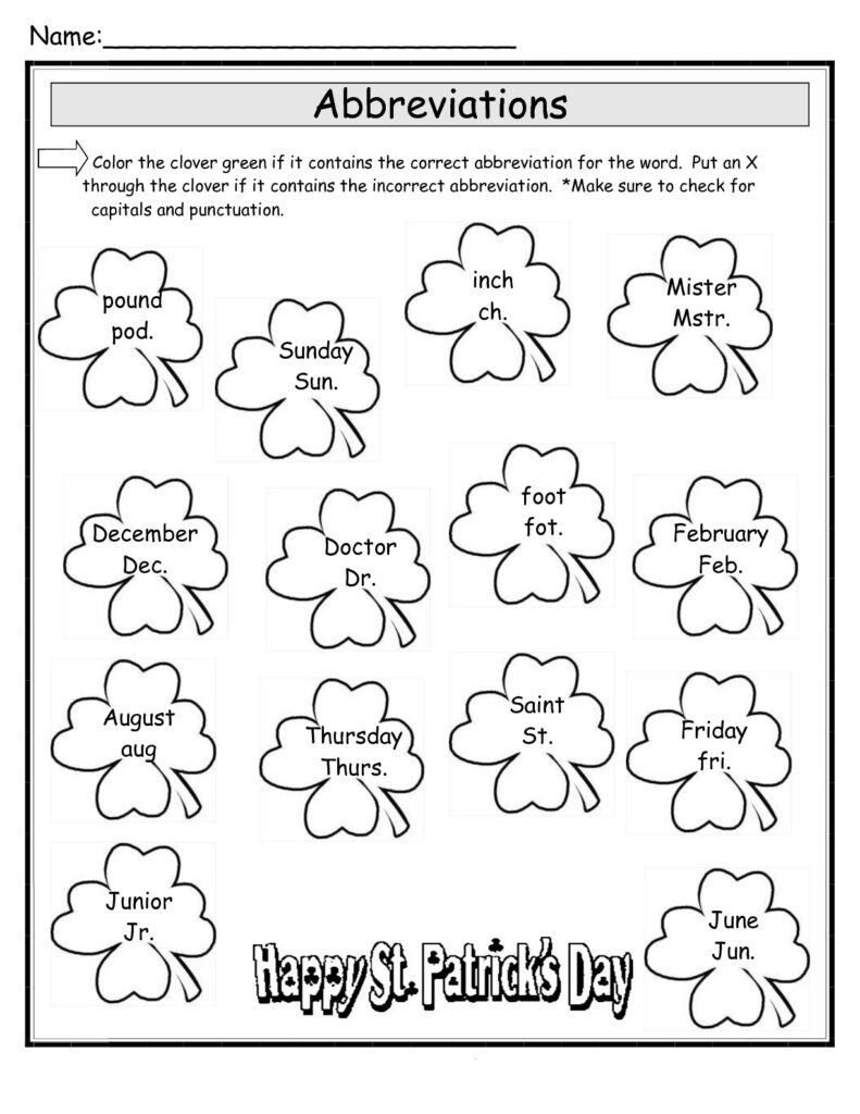 St. Patrick’s Day abbreviations worksheet with clovers and text