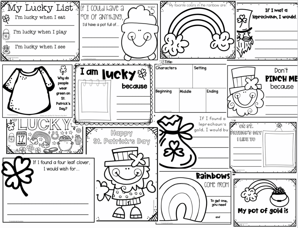 St. Patrick’s Day worksheet pages collage with prompts and drawings