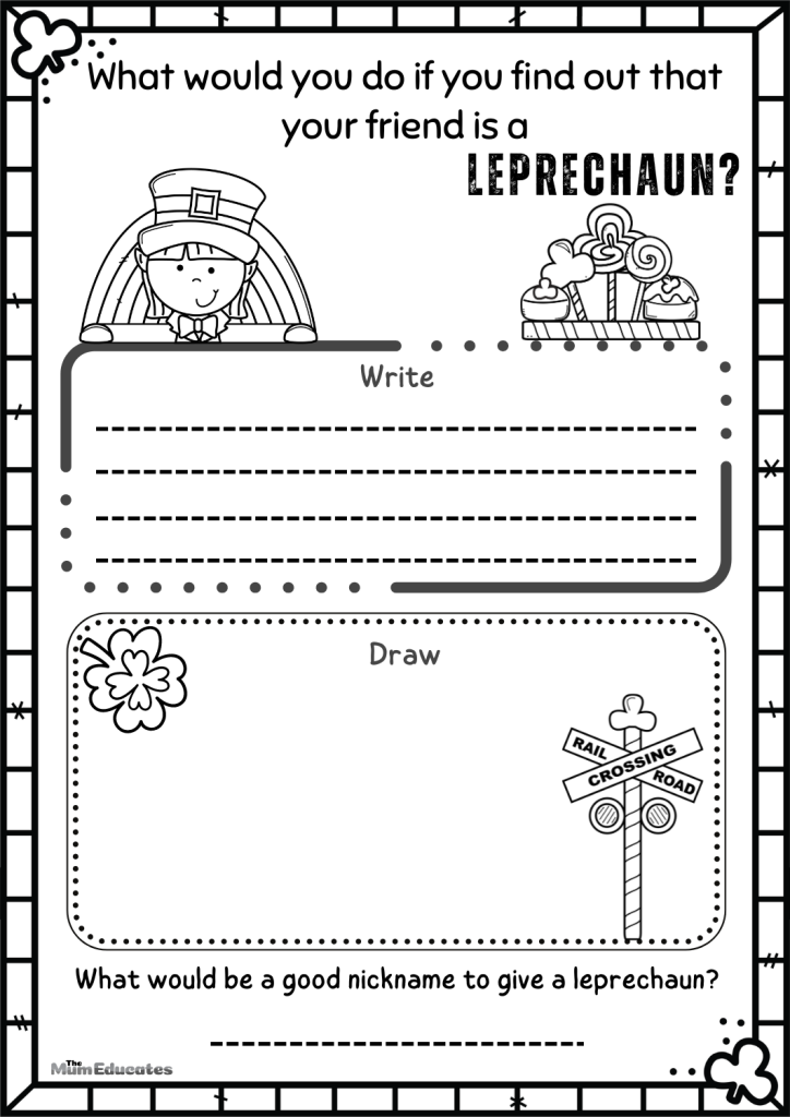 St. Patrick’s Day writing worksheet with leprechaun drawings