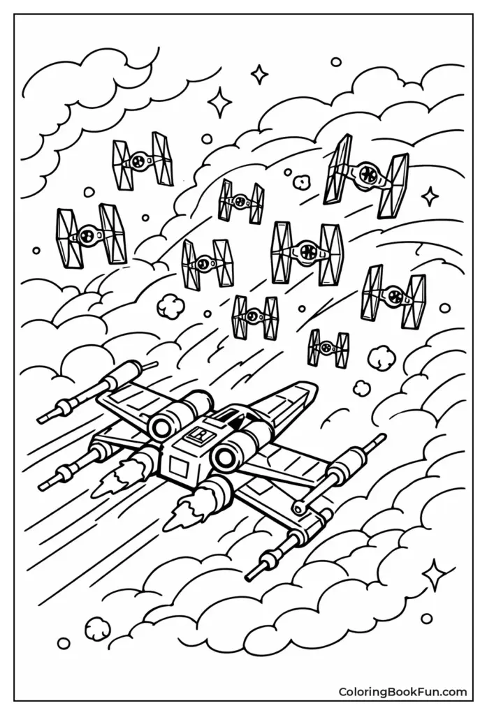 Space battle coloring page with X-wing and TIE fighters