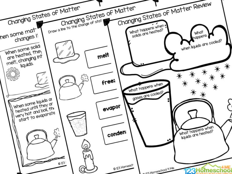 Three black-and-white states of matter worksheets on white background