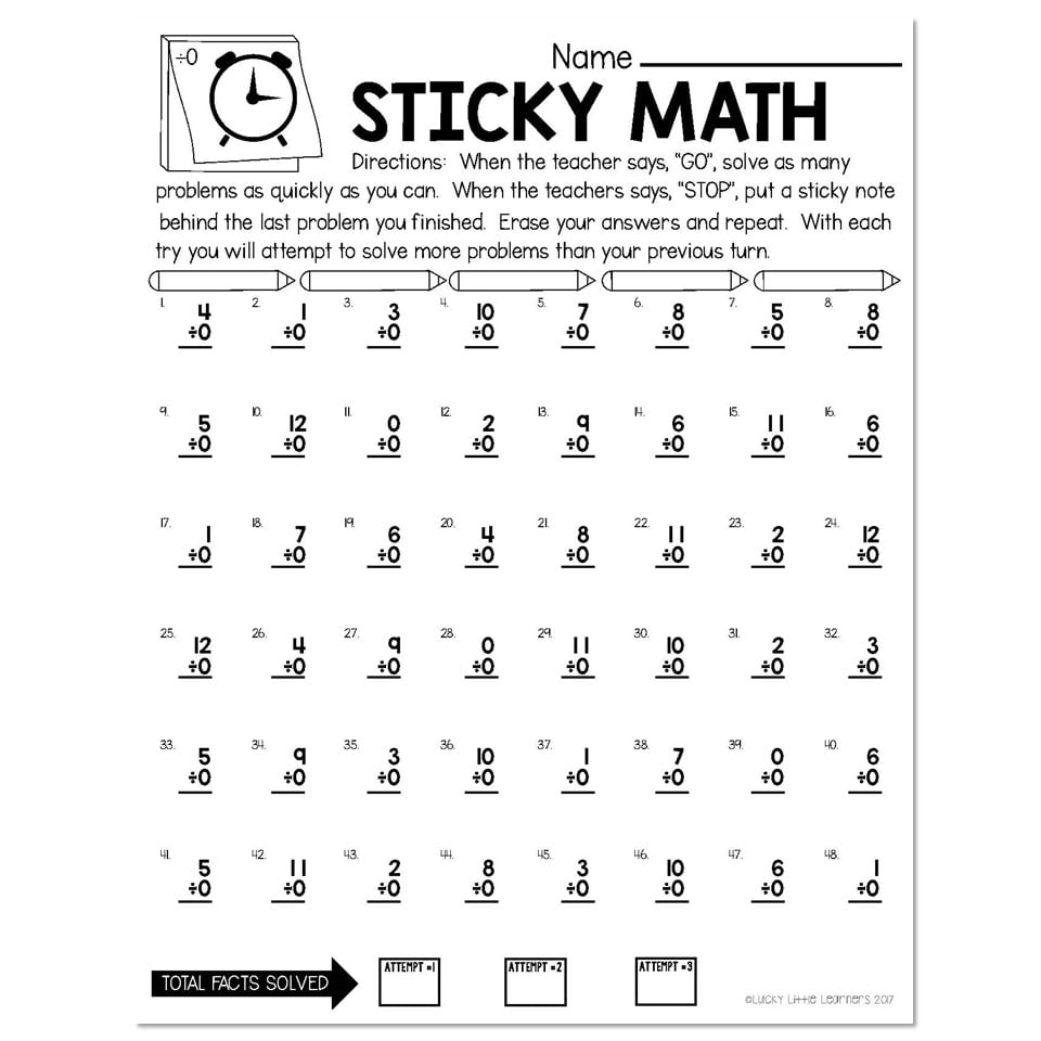 Sticky math division worksheet with numbered problems and clocks