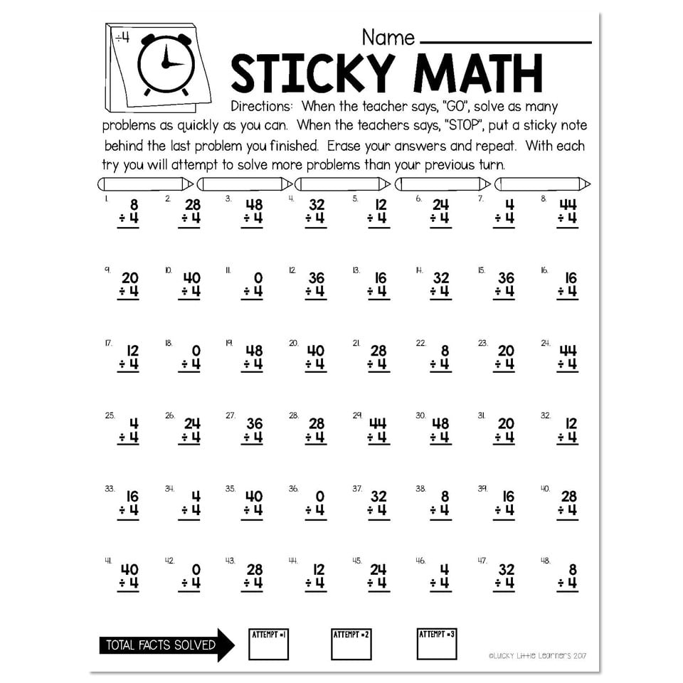 Sticky math division worksheet with clock icon and blanks
