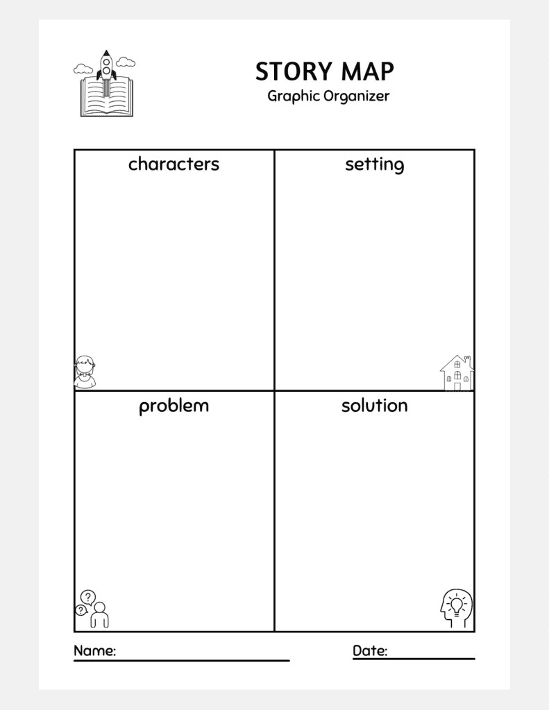 Story map graphic organizer worksheet with four boxes