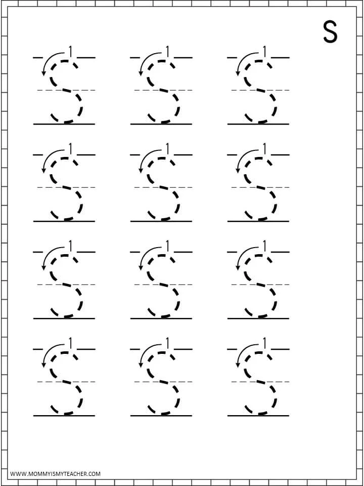 Printable tracing worksheet with repeated letter S shapes