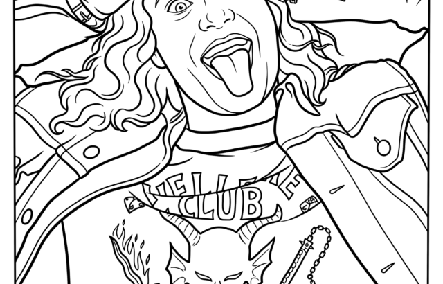 Black-and-white coloring page of punk woman sticking out tongue