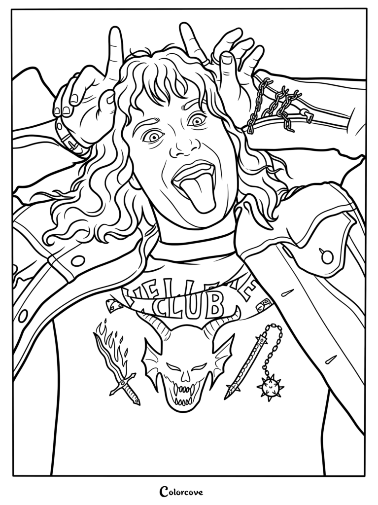 Black-and-white coloring page of punk woman sticking out tongue