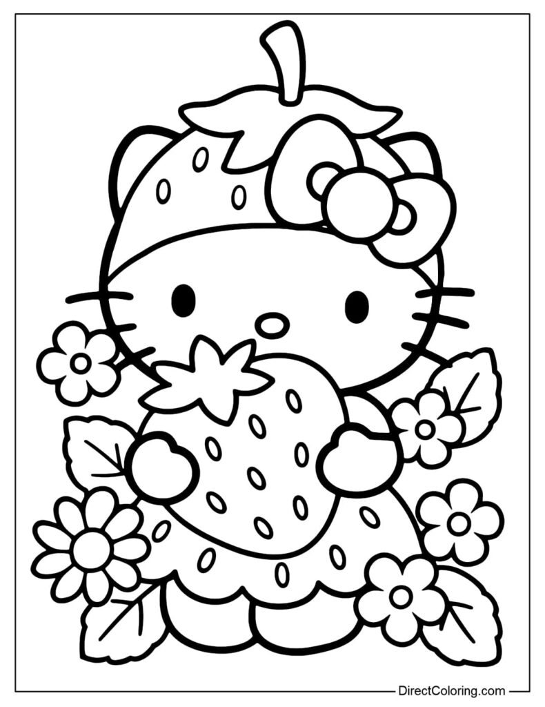 Hello Kitty holding a strawberry with flowers
