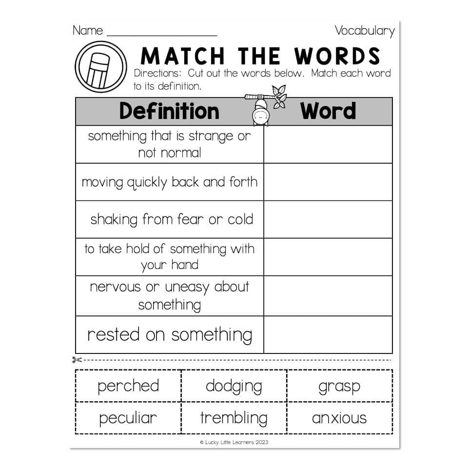 Vocabulary worksheet with word-matching definitions and word bank