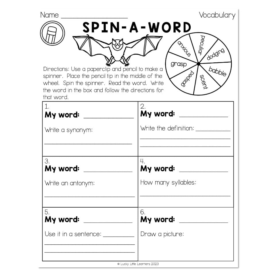 Vocabulary spin-a-word worksheet with bat illustration