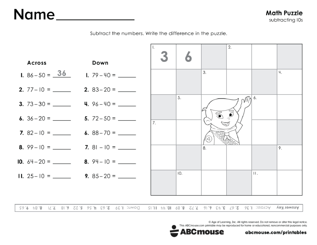 Printable math subtraction puzzle worksheet with grid and cartoon child