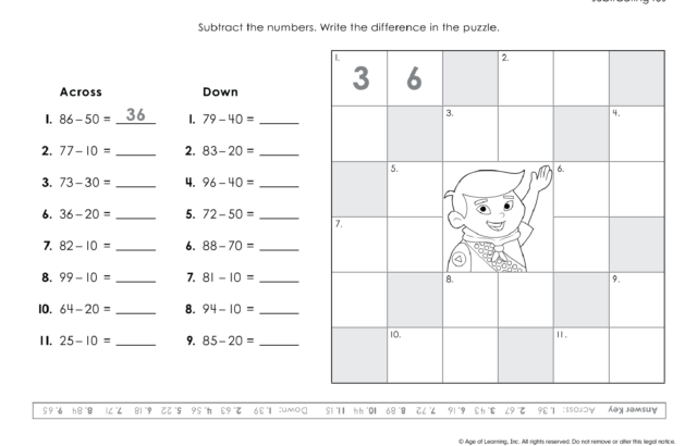 Printable math subtraction puzzle worksheet with grid and cartoon child