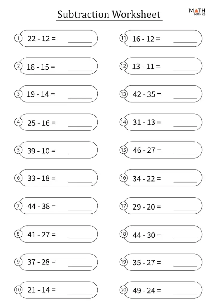 Subtraction worksheet with twenty numbered problems