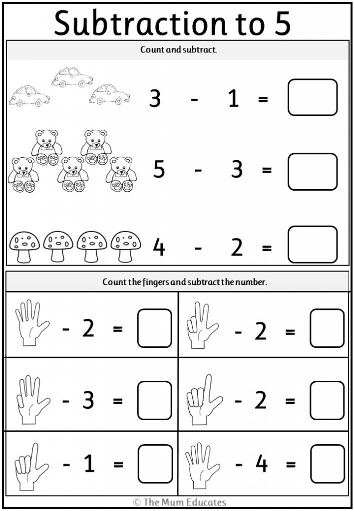 Subtraction worksheet with cars, bears, mushrooms, and fingers