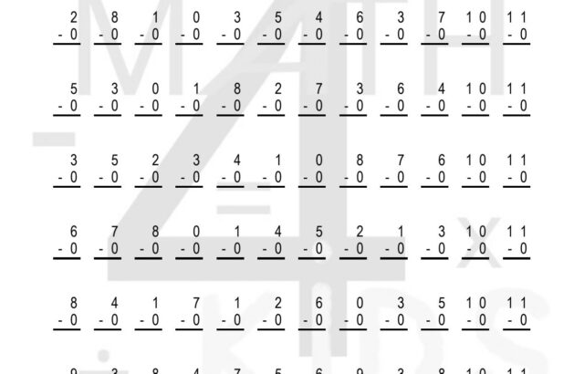 Math worksheet with rows of single-digit subtraction problems
