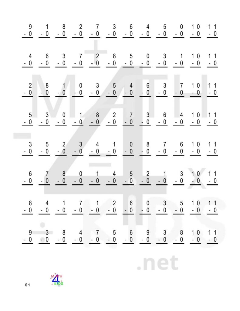 Math worksheet with rows of single-digit subtraction problems