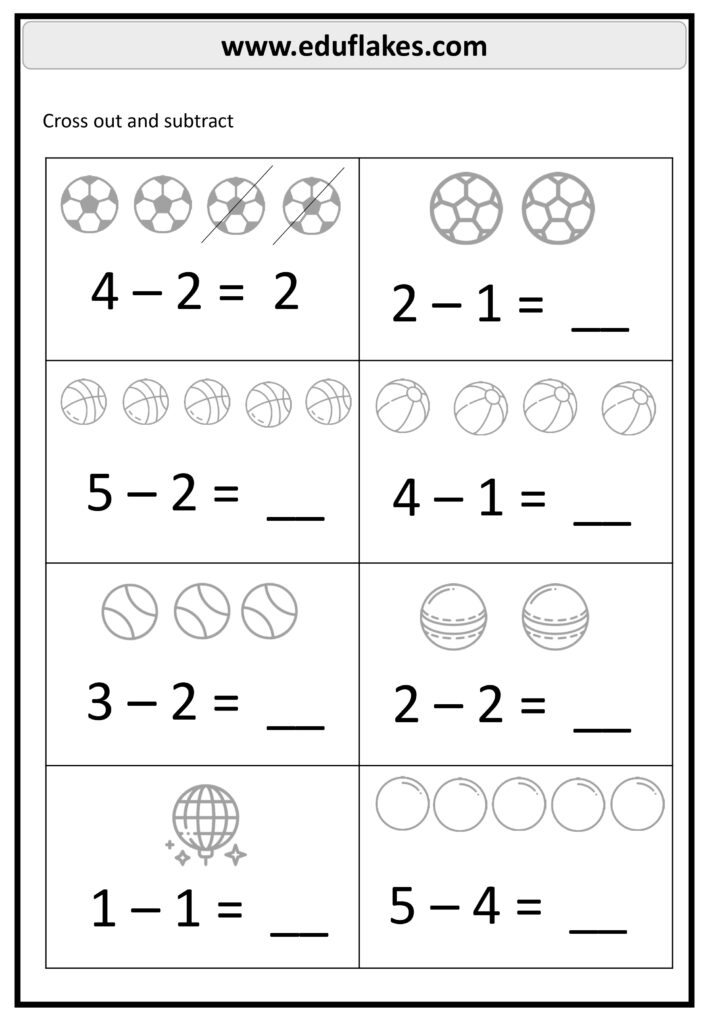 Math subtraction worksheet with balls and equations