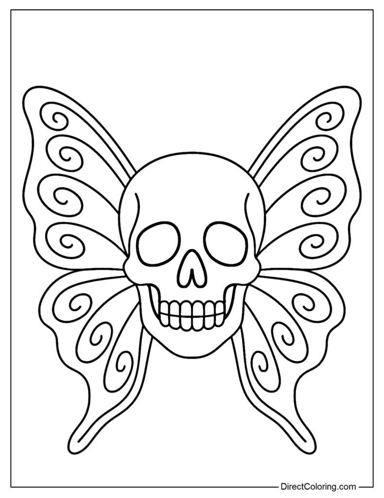 Butterfly with skull center and spiraled wing patterns.