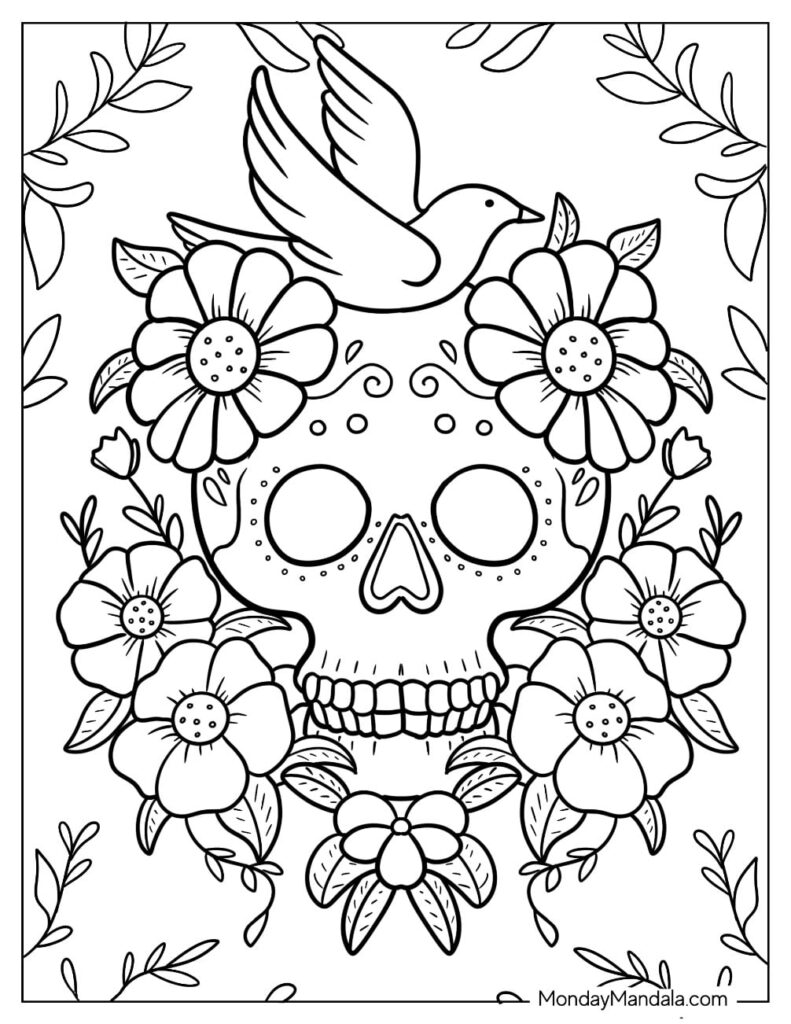 Skull framed by flowers with a bird overhead.