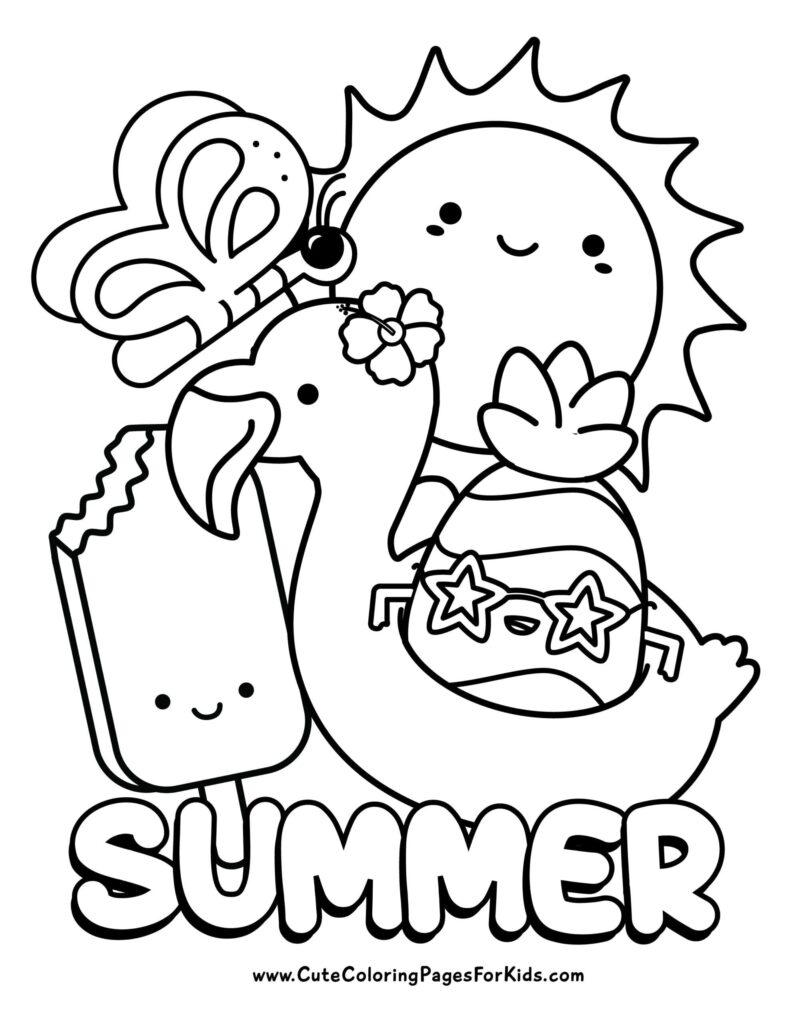 Cute summer coloring page with sun, ice cream, popsicle, and sunglasses