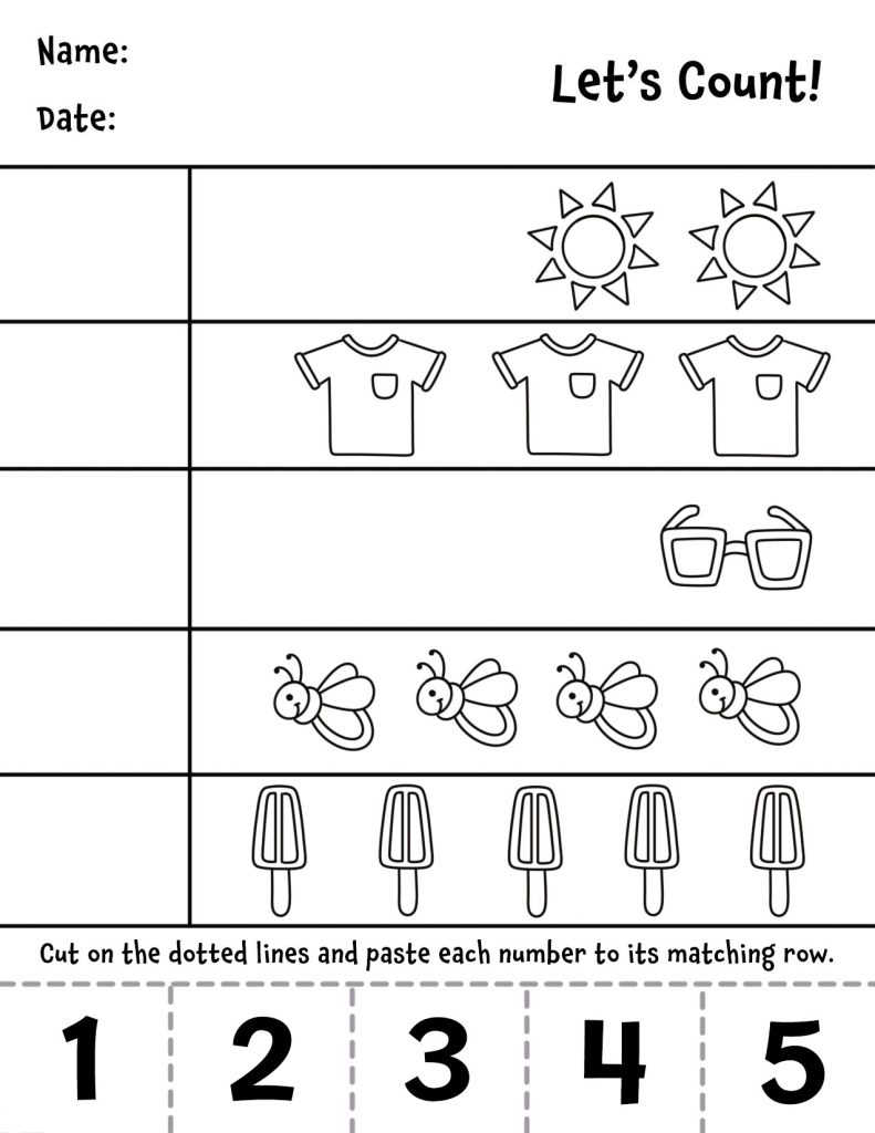 Counting worksheet with suns, shirts, glasses, bees, popsicles