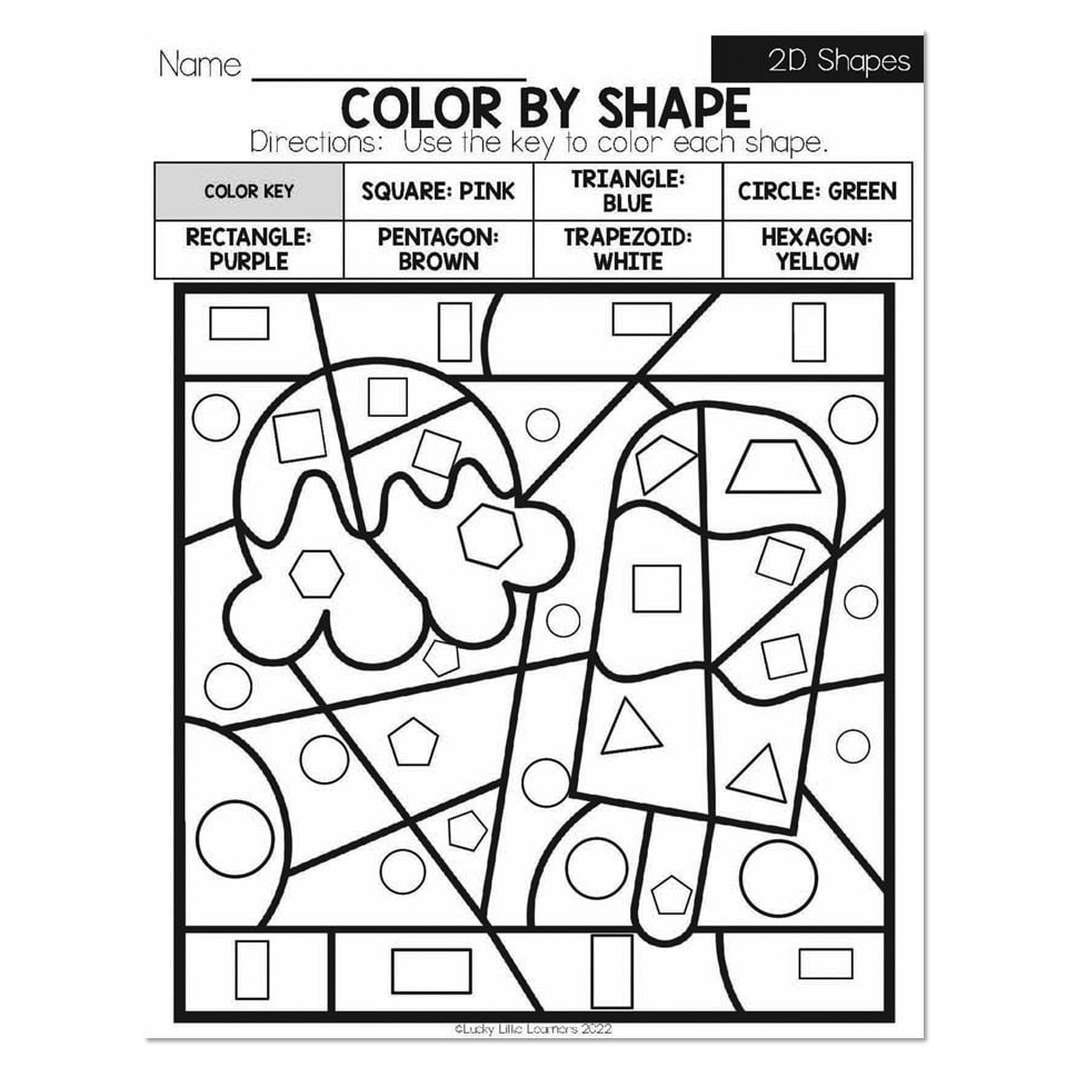 Color-by-shape worksheet with ice cream cones and key