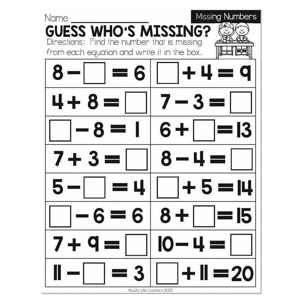 Printable math worksheet with missing numbers and blank boxes.