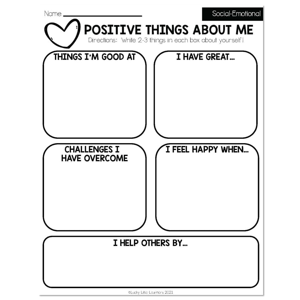 Blank self-reflection worksheet titled Positive Things About Me