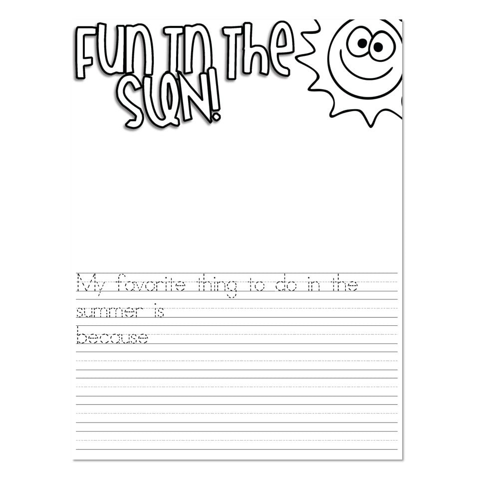 Summer writing worksheet with smiling sun graphic