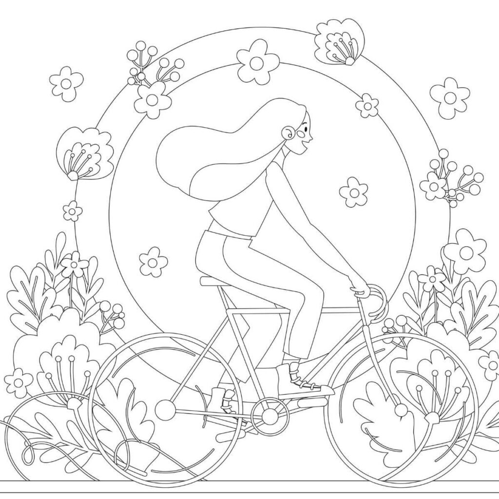 Line drawing of woman riding bicycle among flowers