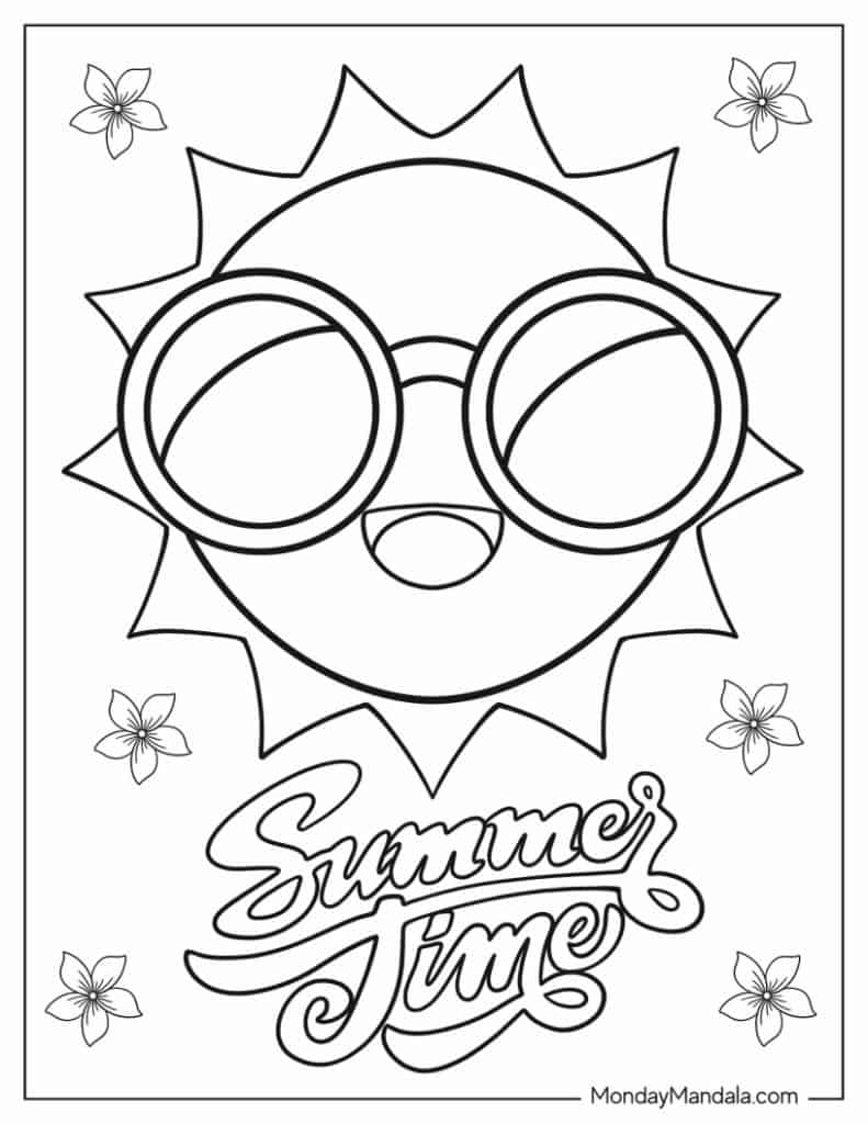 Coloring page with sunglasses sun and Summer Time text