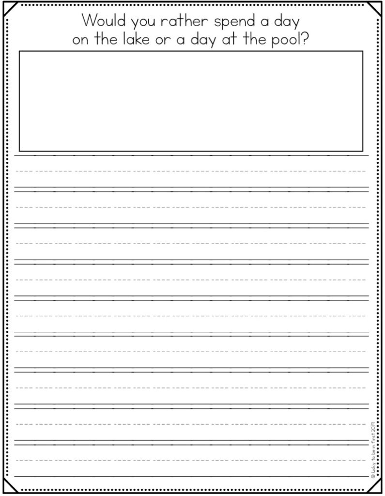 Blank writing worksheet asking lake or pool choice