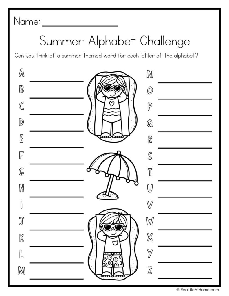 Summer alphabet challenge worksheet with beach drawings