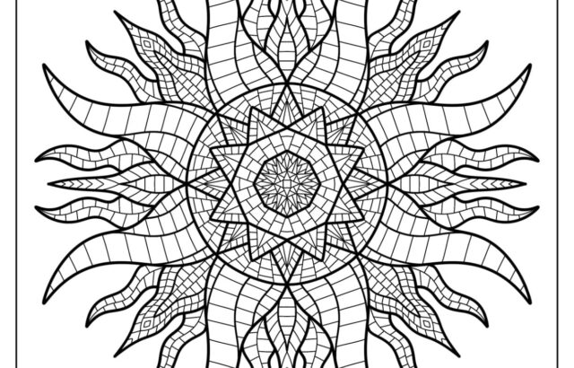 Intricate black-and-white mandala with radiating leaf shapes