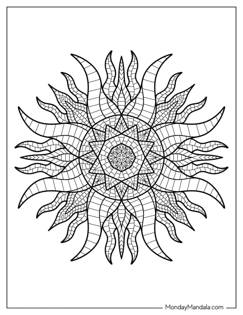Intricate black-and-white mandala with radiating leaf shapes