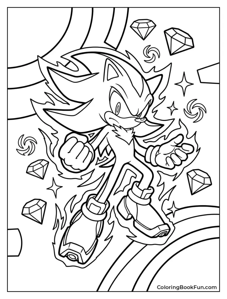 Black-and-white line art of Super Sonic with gems