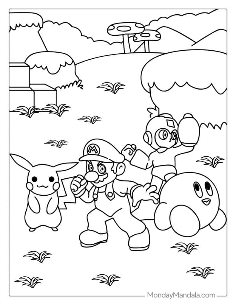 Line drawing of Mario, Pikachu, Mega Man, and Kirby outdoors